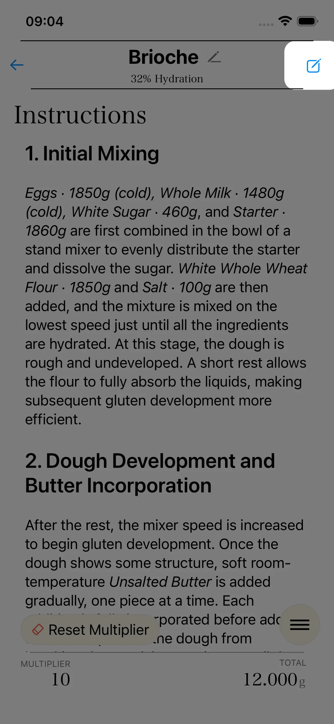 Recipe instructions editing tutorial screen