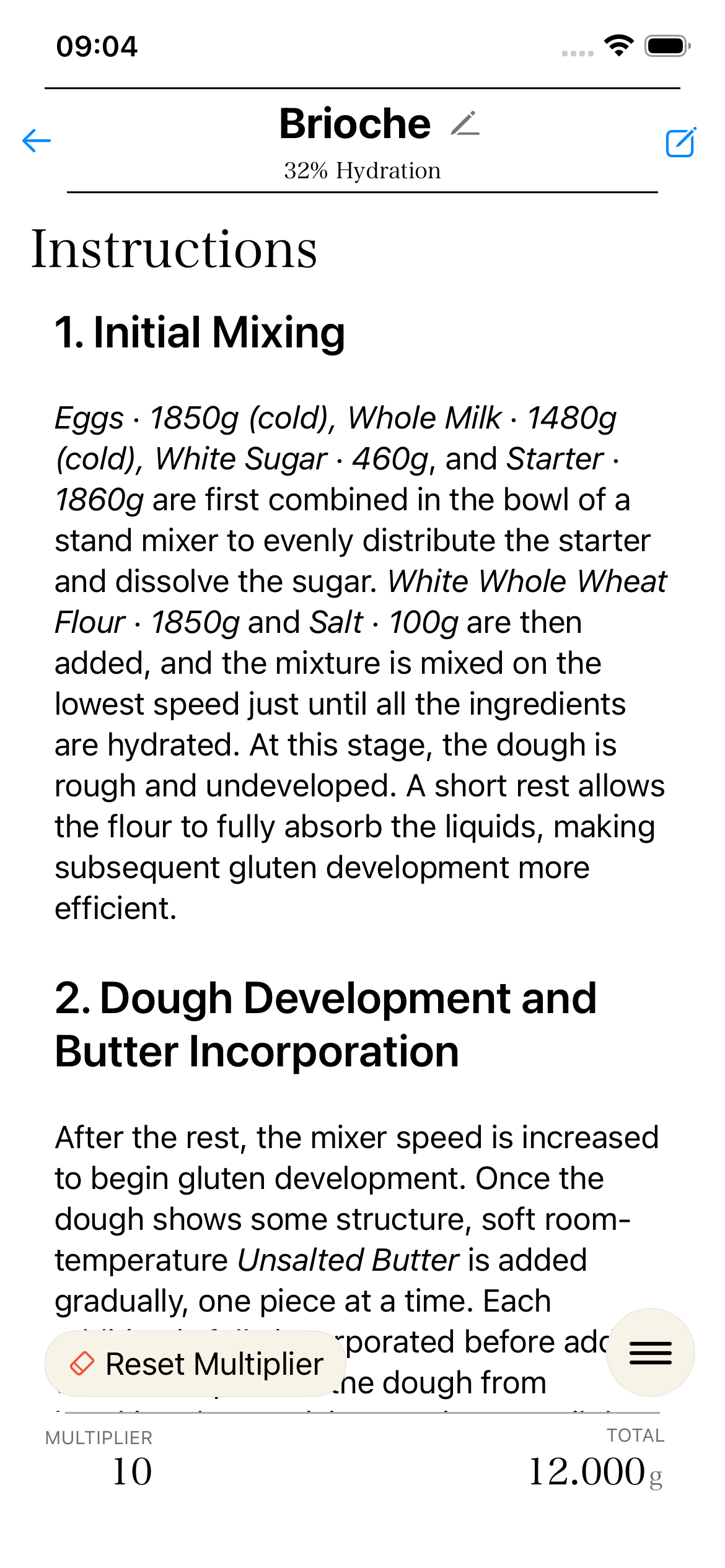 Recipe instructions scaling tutorial screen